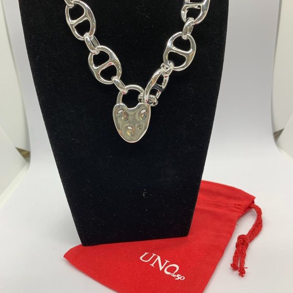 Uno de 50 Necklace Silver-plated Heavy Double Link Necklace Large Heart Lock - Picture 7 of 10